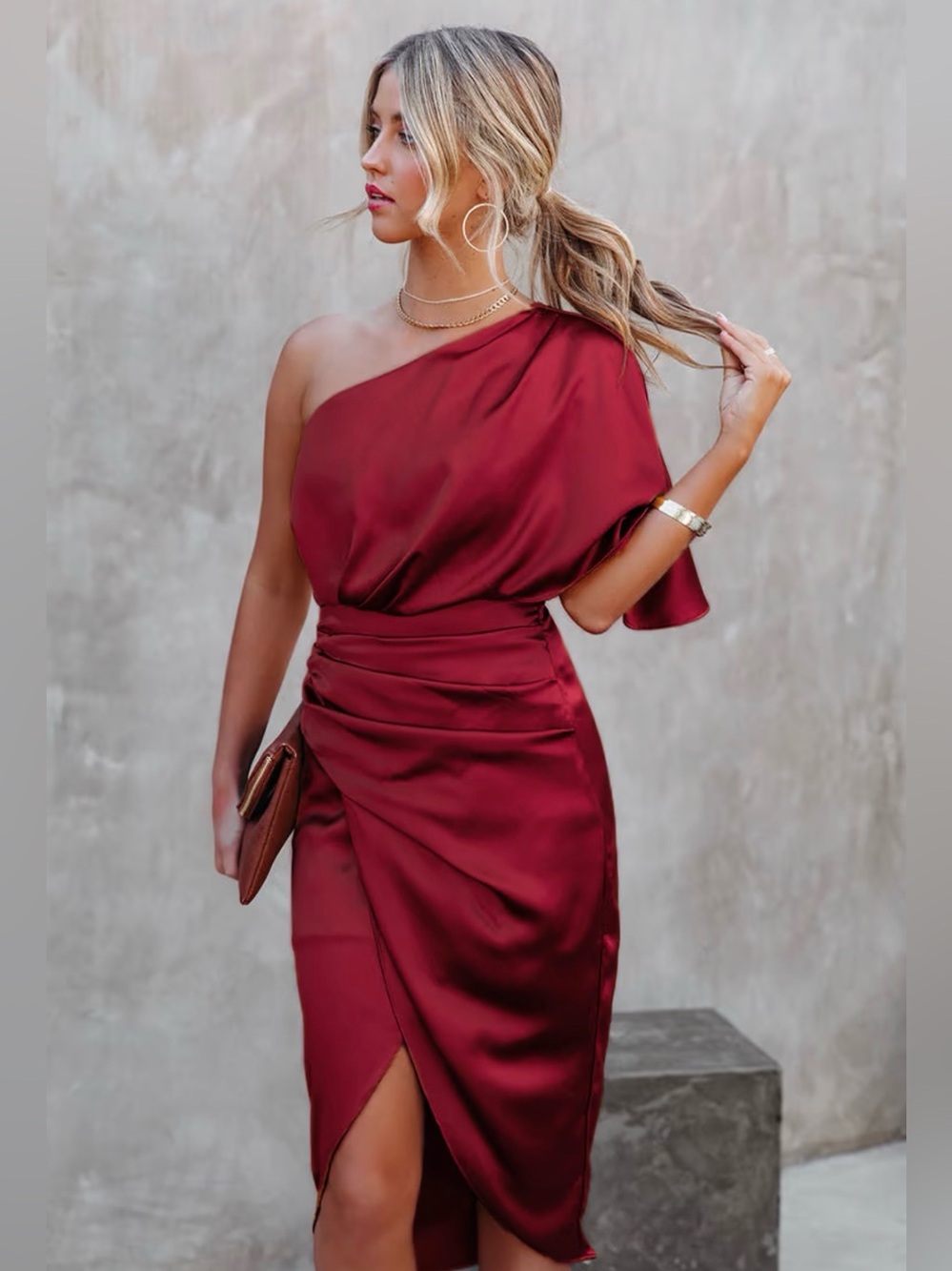 Cupshe Burgundy Satin One Shoulder Ruched Midi Dress CAA05A2C082EE Size L NWT
